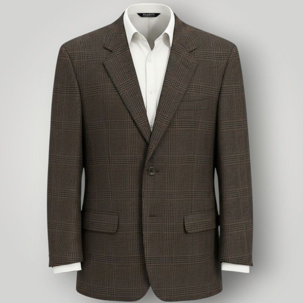 JOS A BANK Men's Blazer Sport Coat Two Button Suit Jacket 44R Brown Wool Plaid